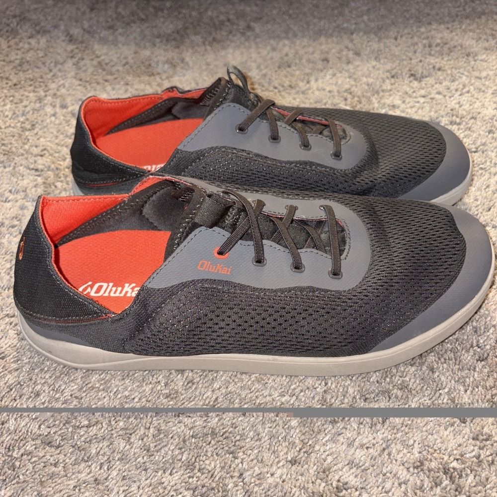 OluKai Moku Pae Boat Shoes Mens 13 Gray Orange Mesh Drop In Heel 10472-4EKZ